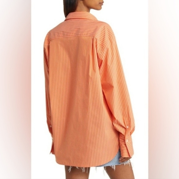 Frame The Oversized Shirt In Tangerine Orange Pinstripe Size Medium - Picture 2 of 8